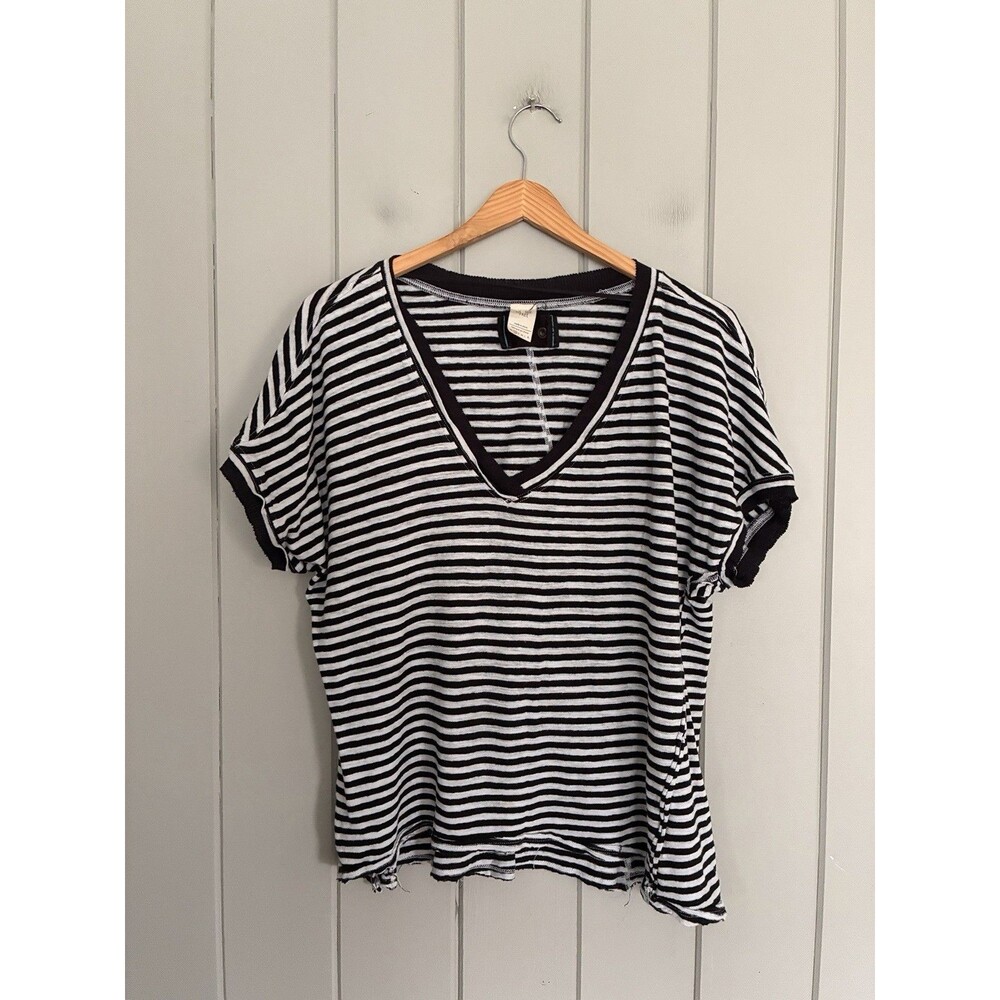 We the Free People Take Me Tee Striped Shirt  XS Short Sleeve Black Gray Linen